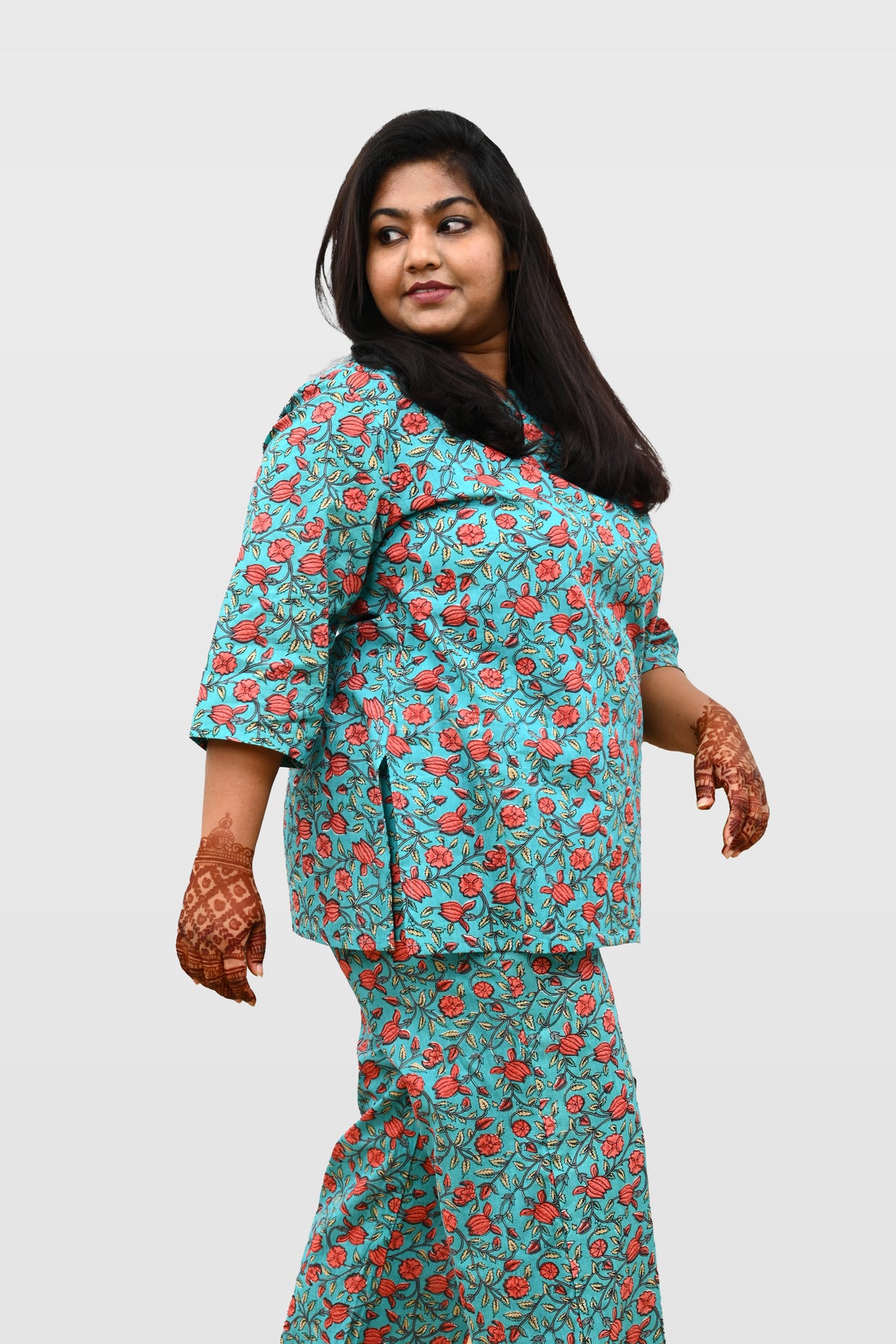 Aqua Blue Plus Size Cotton Printed Pyjama Set