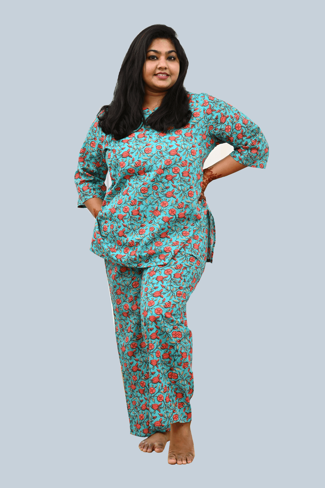 Aqua Blue Plus Size Cotton Printed Pyjama Set