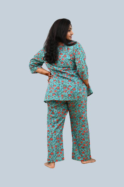 Aqua Blue Plus Size Cotton Printed Pyjama Set