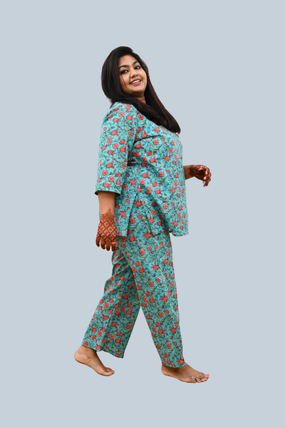 Aqua Blue Plus Size Cotton Printed Pyjama Set