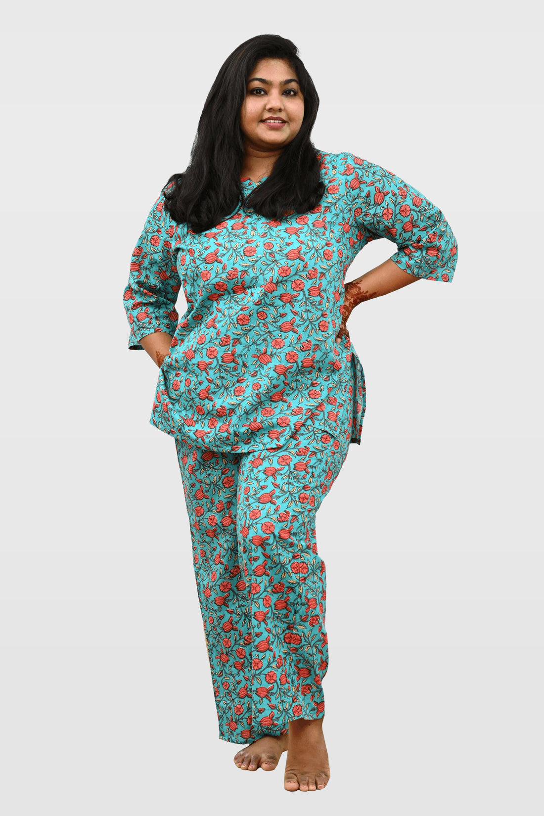 Aqua Blue Plus Size Cotton Printed Pyjama Set