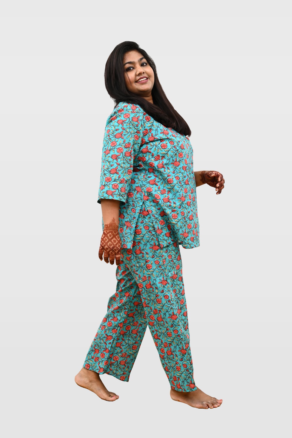 Aqua Blue Plus Size Cotton Printed Pyjama Set
