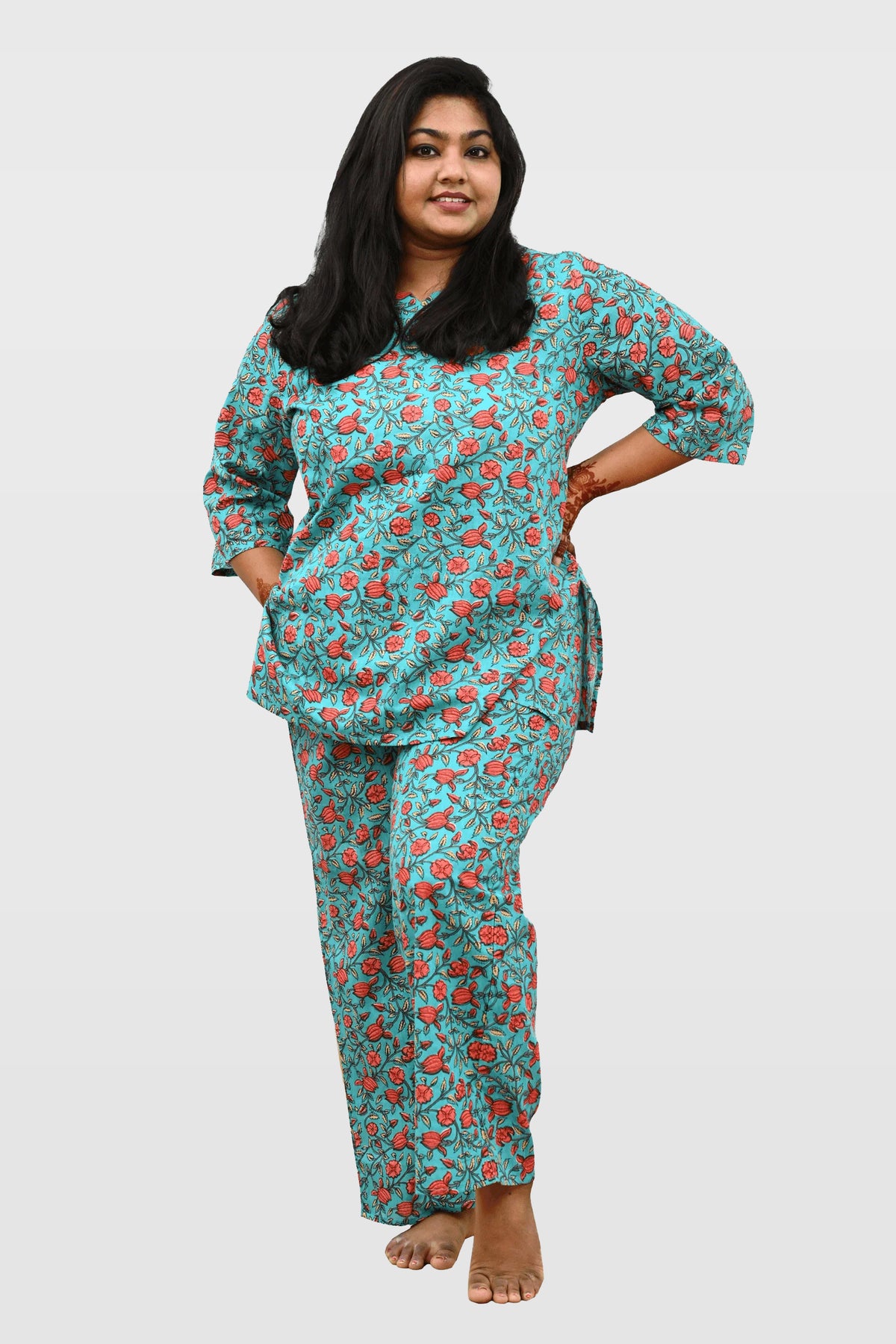 Aqua Blue Plus Size Cotton Printed Pyjama Set