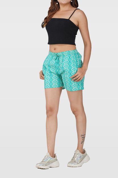 Aqua Green Cotton Printed Shorts