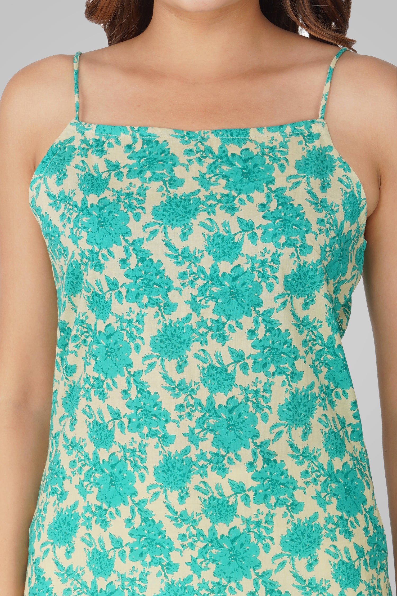 Aqua Green Cotton Printed Strap Top