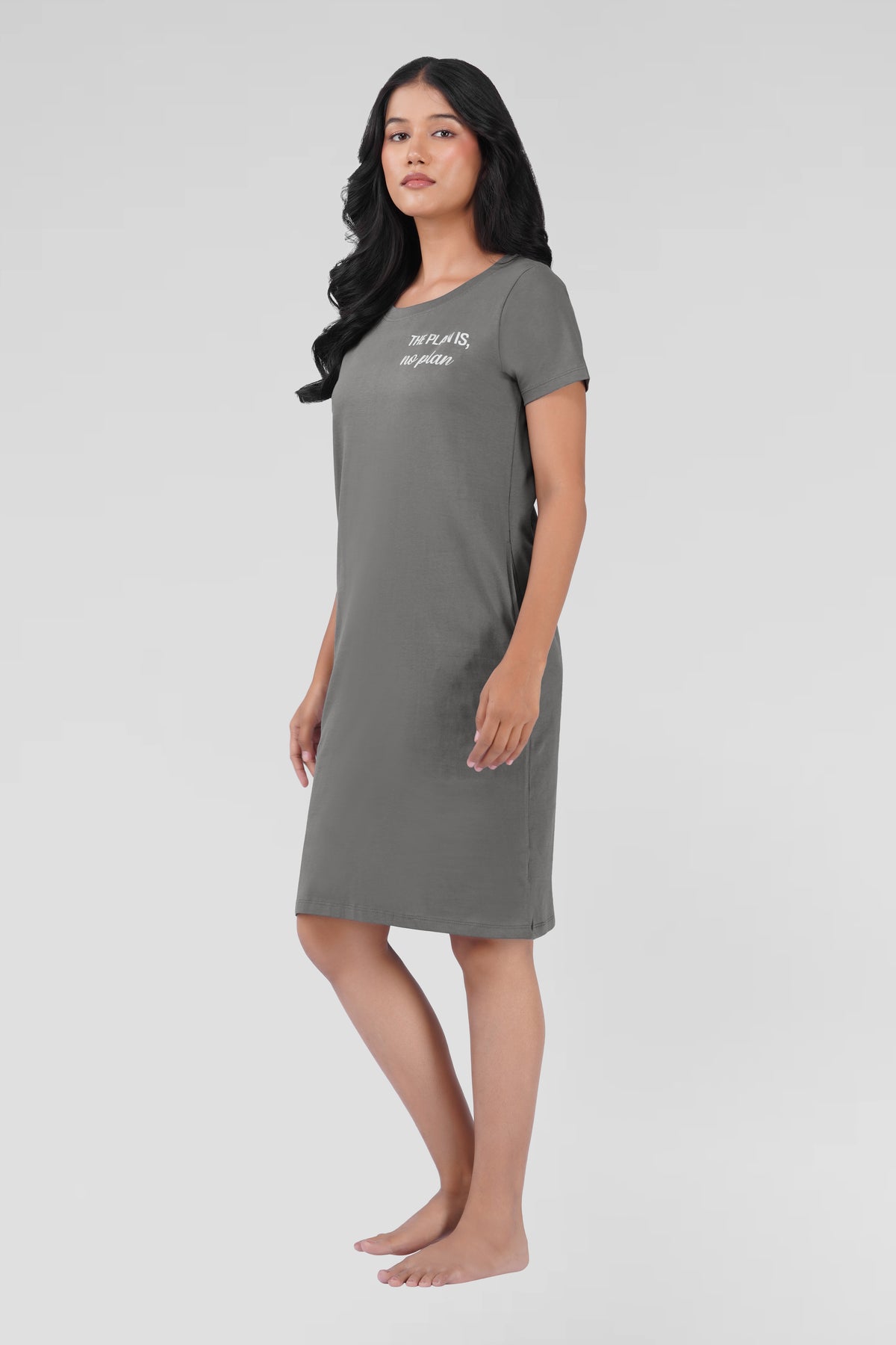 Ash Grey Cotton Printed T-Shirt Nightdress
