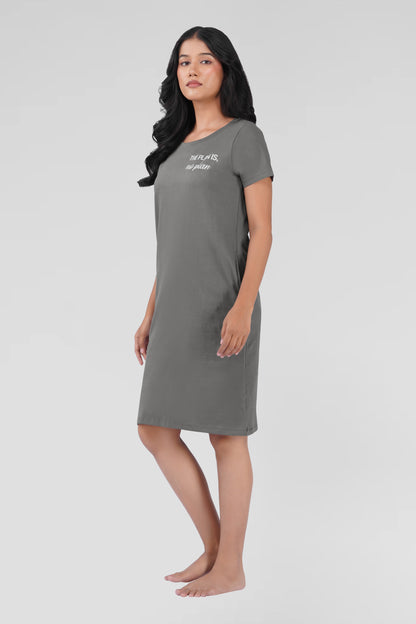 Ash Grey Cotton Printed T-Shirt Nightdress