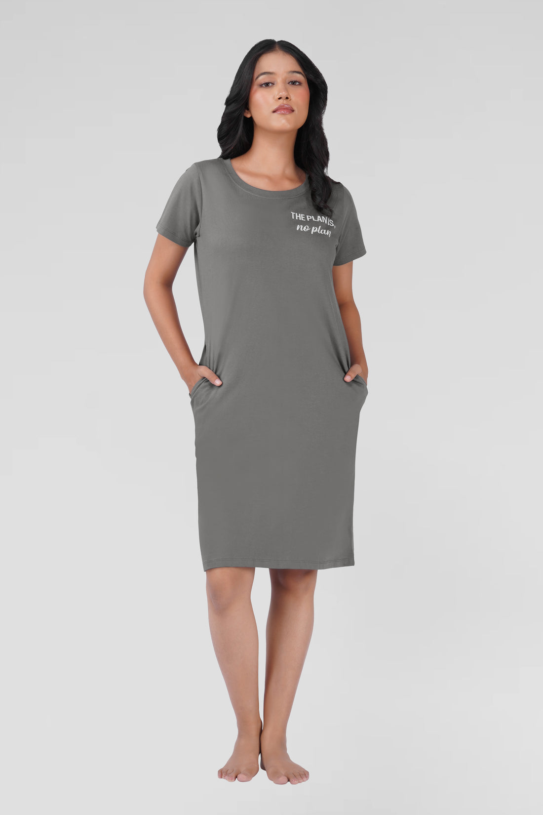 Ash Grey Cotton Printed T-Shirt Nightdress
