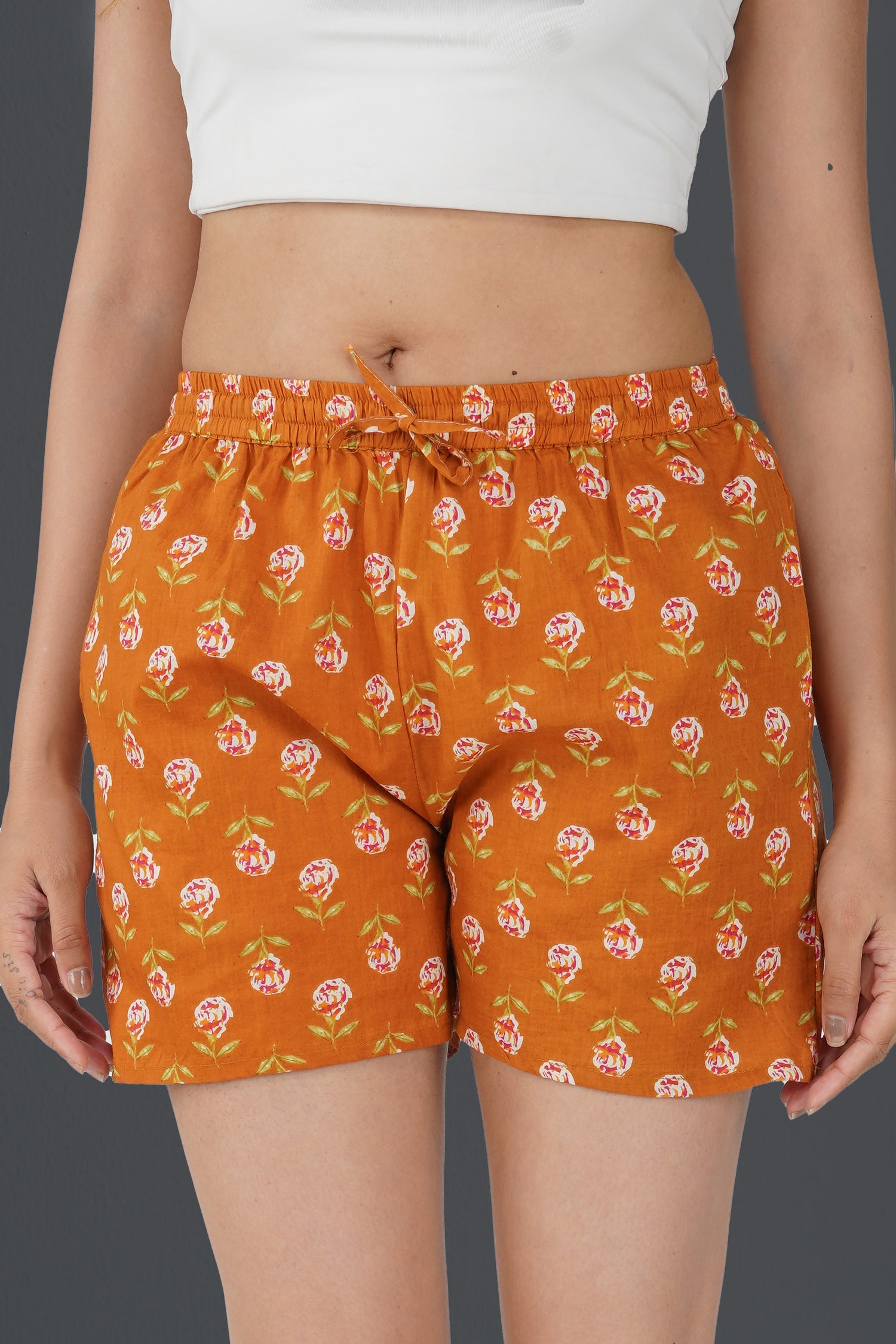 Burnt Orange Cotton Printed Shorts