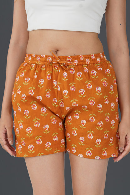 Burnt Orange Cotton Printed Shorts