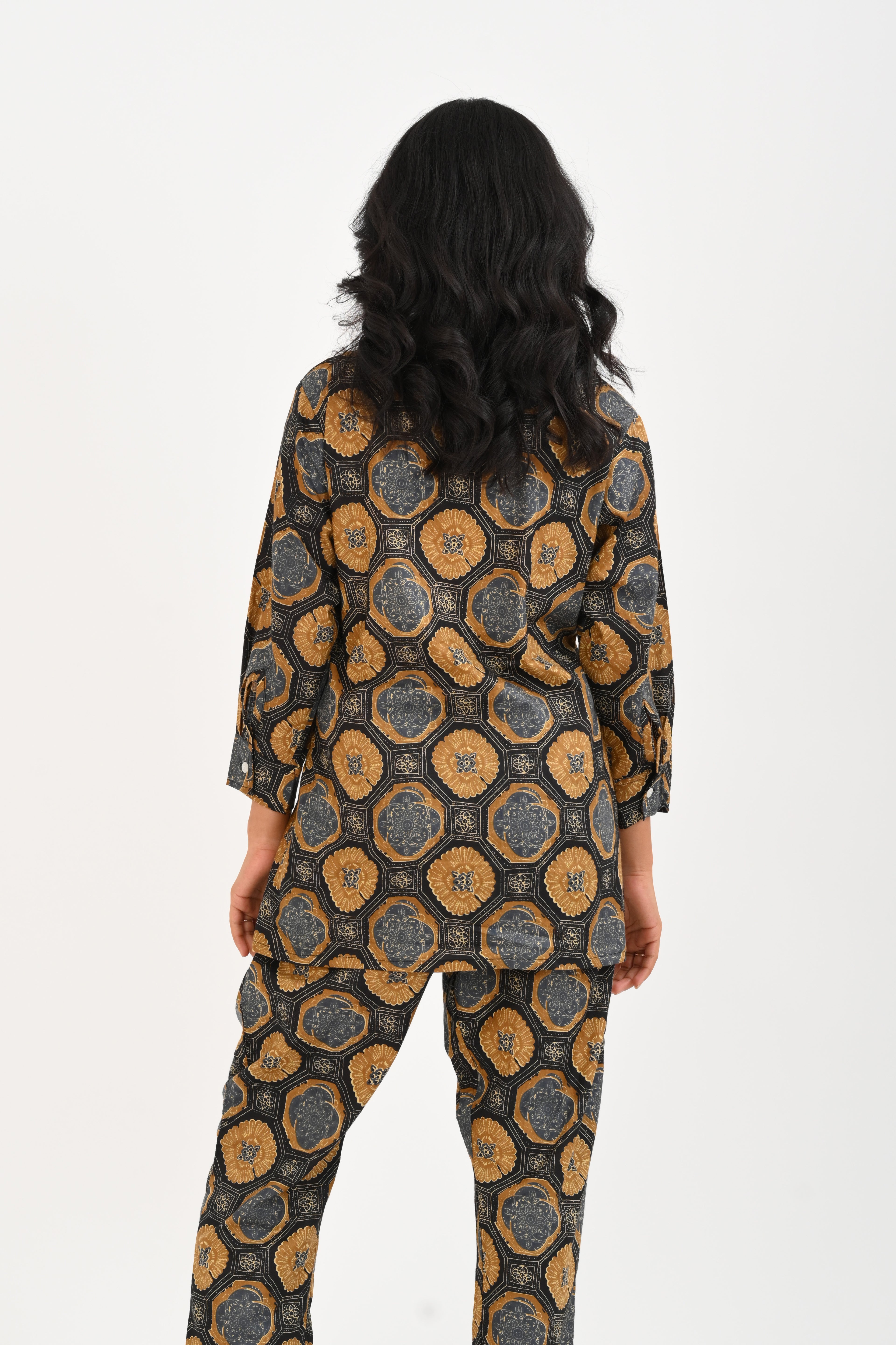 Black Cotton Printed Pyjama Set Cuban Collar