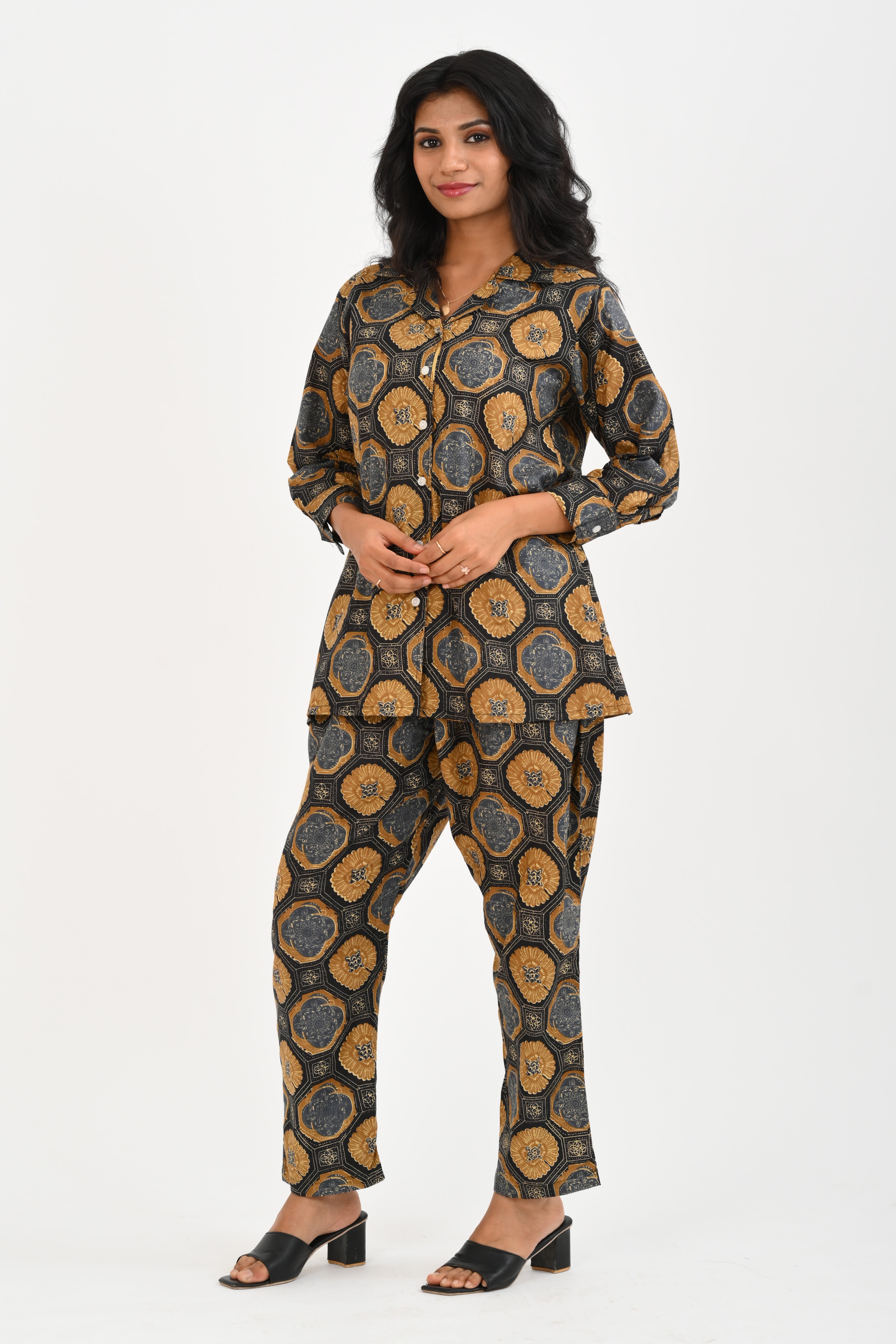 Black Cotton Printed Pyjama Set Cuban Collar