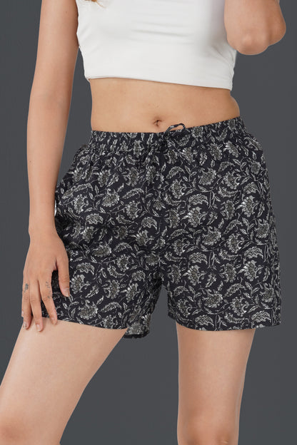 Black Cotton Printed Shorts