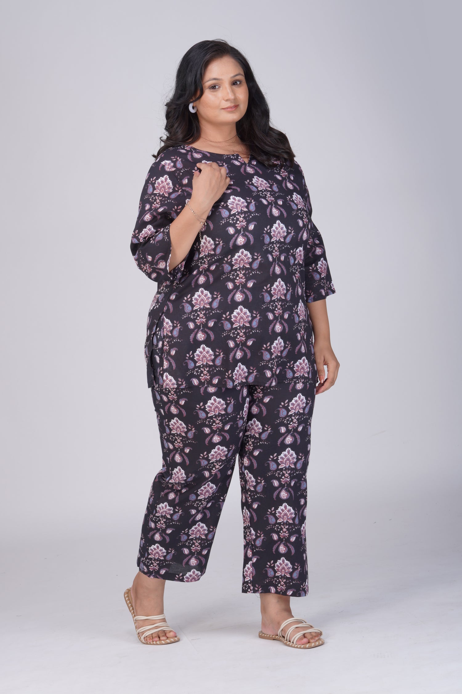 Black Plus Size Cotton Printed Pyjama Set