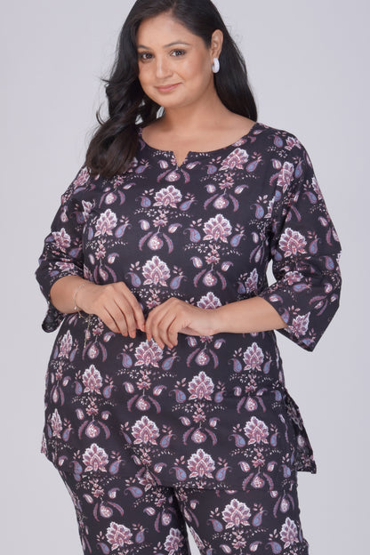 Black Plus Size Cotton Printed Pyjama Set