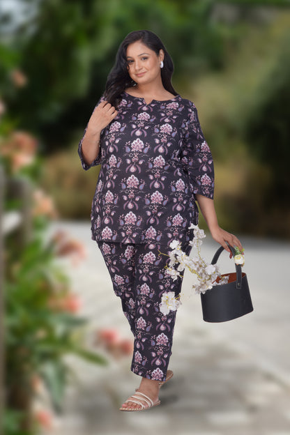 Black Plus Size Cotton Printed Pyjama Set