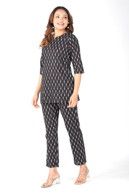 Black Cotton Printed Pyjama Set