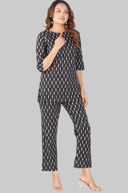 Black Cotton Printed Pyjama Set