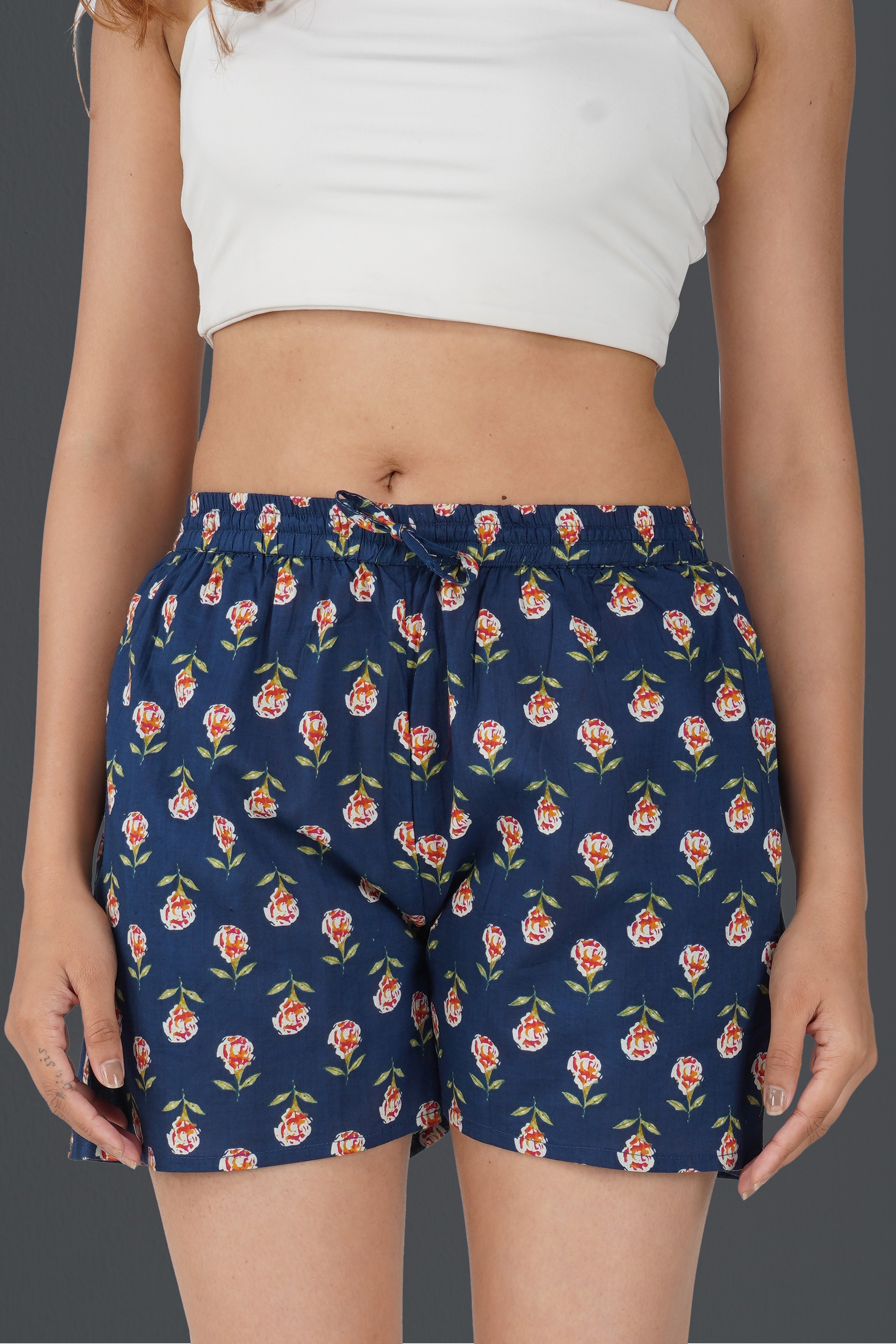 Dark Blue Cotton Printed Shorts