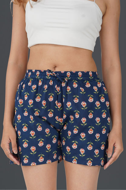 Dark Blue Cotton Printed Shorts