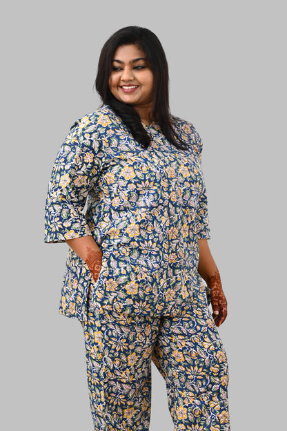 Blue Floral Plus Size Cotton Printed Pyjama Set