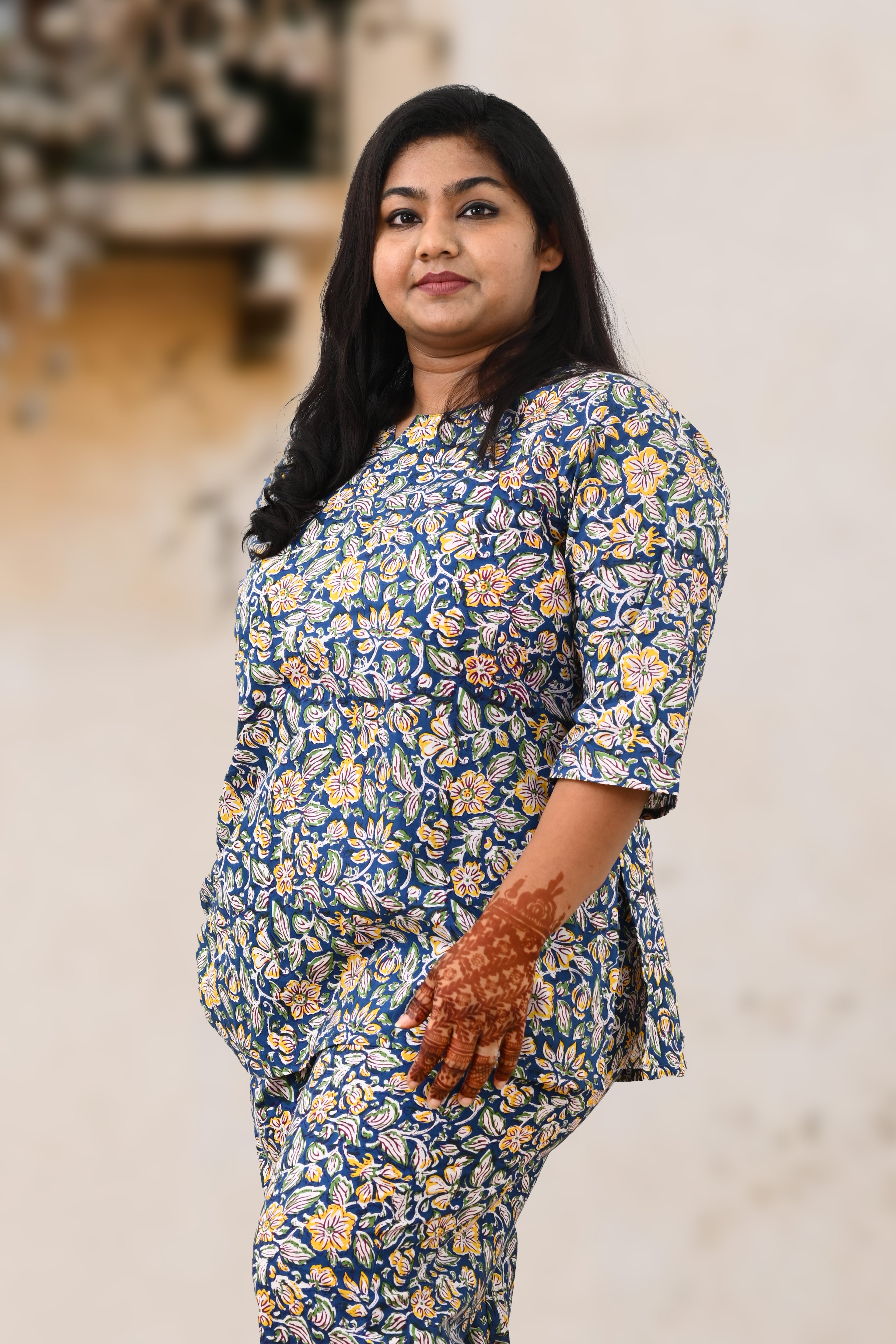 Blue Floral Plus Size Cotton Printed Pyjama Set