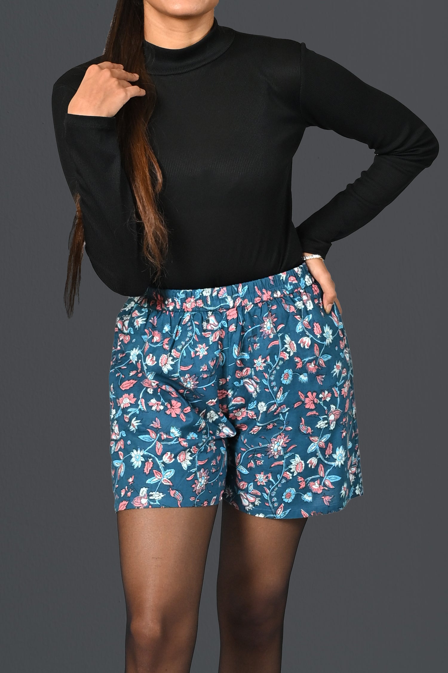 Blue Floral Cotton Printed Shorts