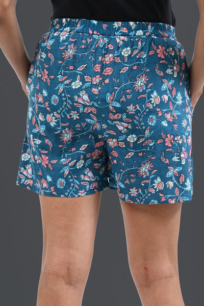 Blue Floral Cotton Printed Shorts