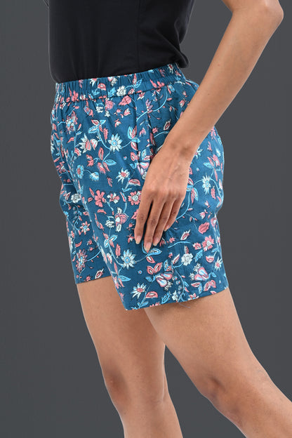 Blue Floral Cotton Printed Shorts