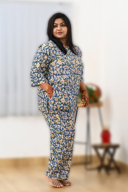 Blue Floral Plus Size Cotton Printed Pyjama Set