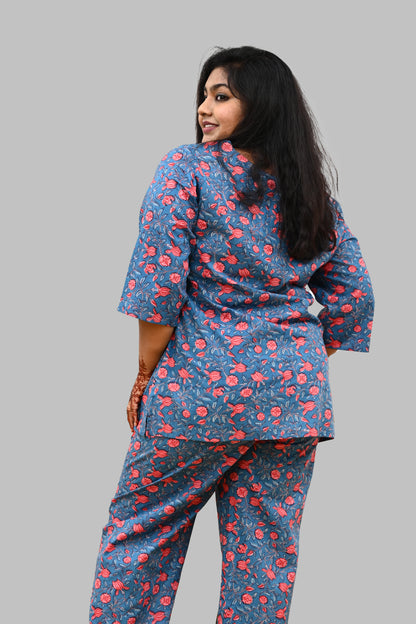 Blue Plus Size Cotton Printed Pyjama Set