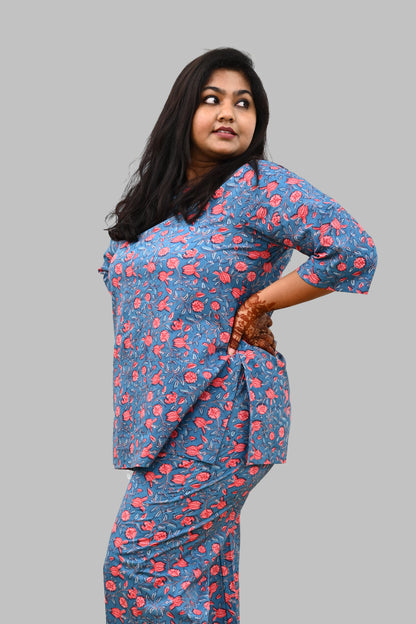 Blue Plus Size Cotton Printed Pyjama Set