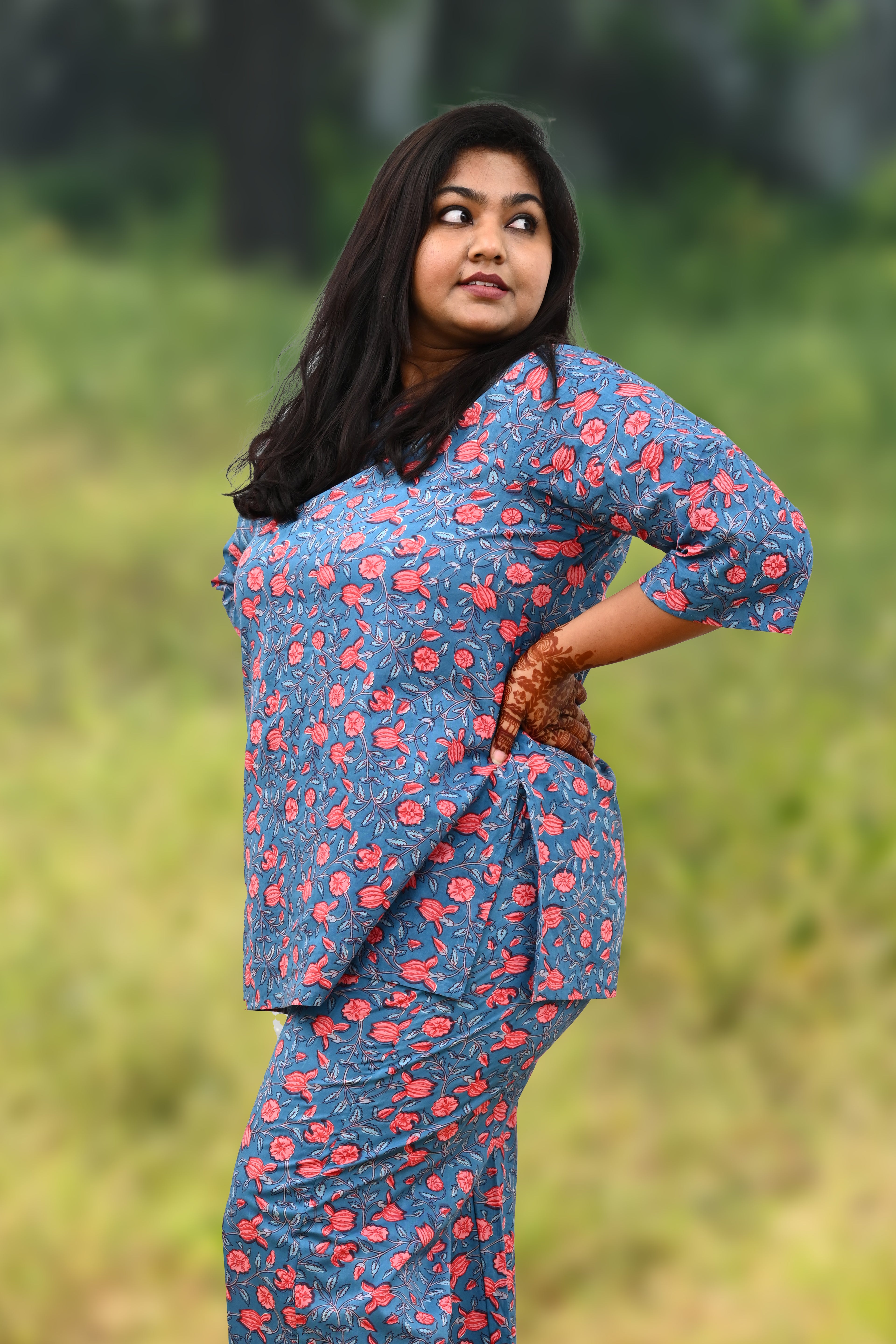 Blue Plus Size Cotton Printed Pyjama Set