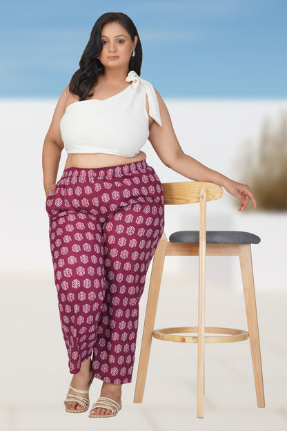 Burgundy Plus Size Cotton Printed Bottom