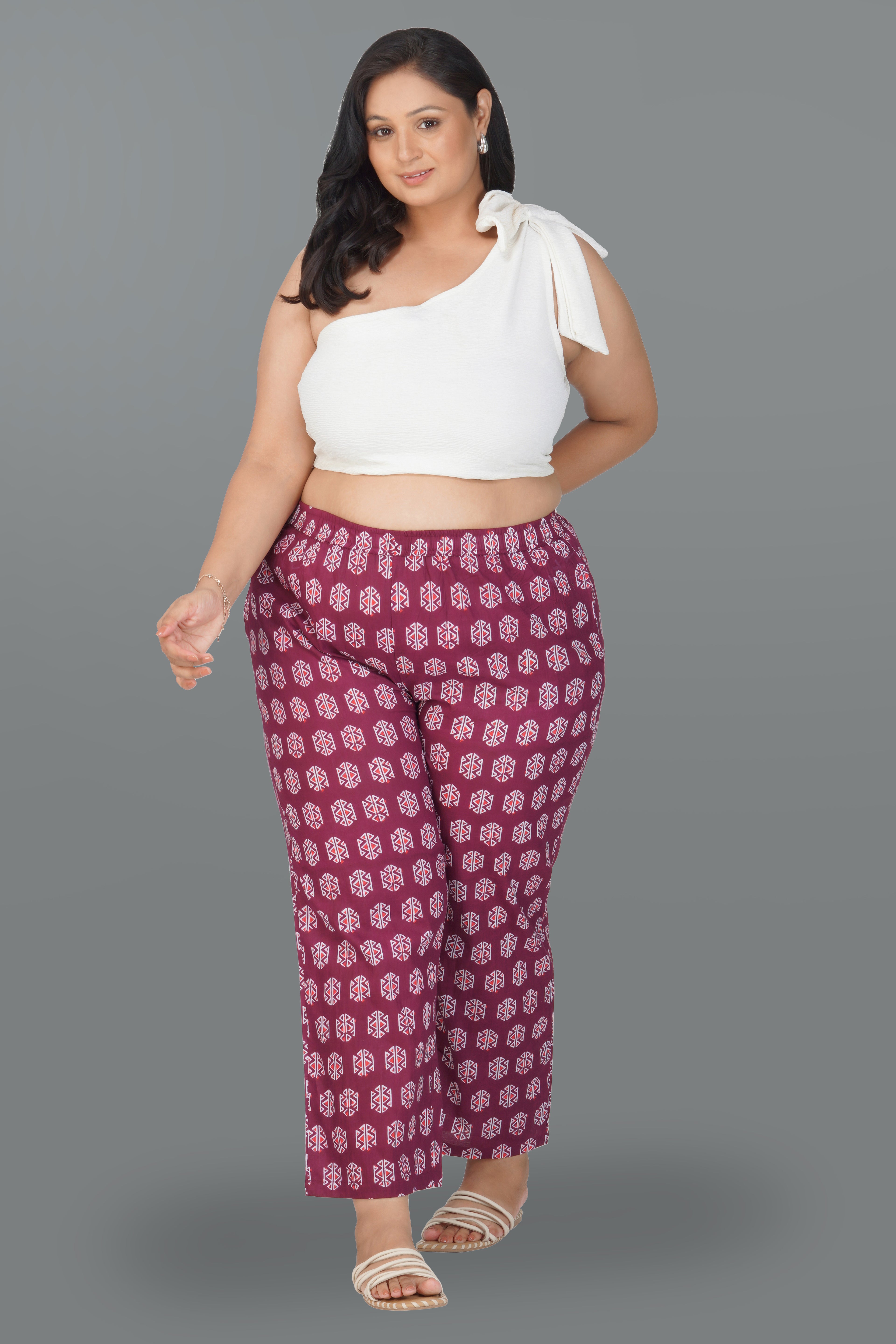 Burgundy Plus Size Cotton Printed Bottom