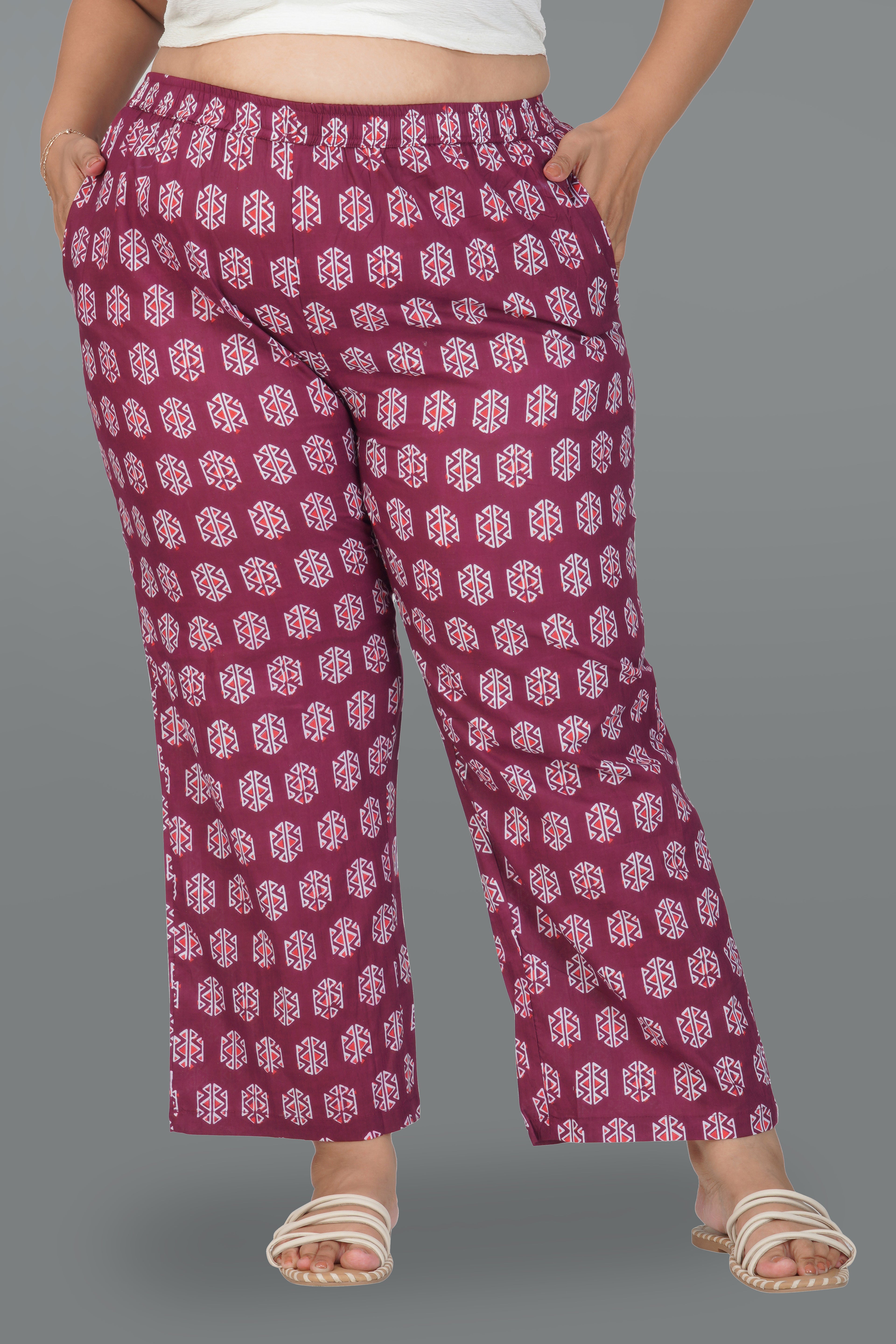 Burgundy Plus Size Cotton Printed Bottom