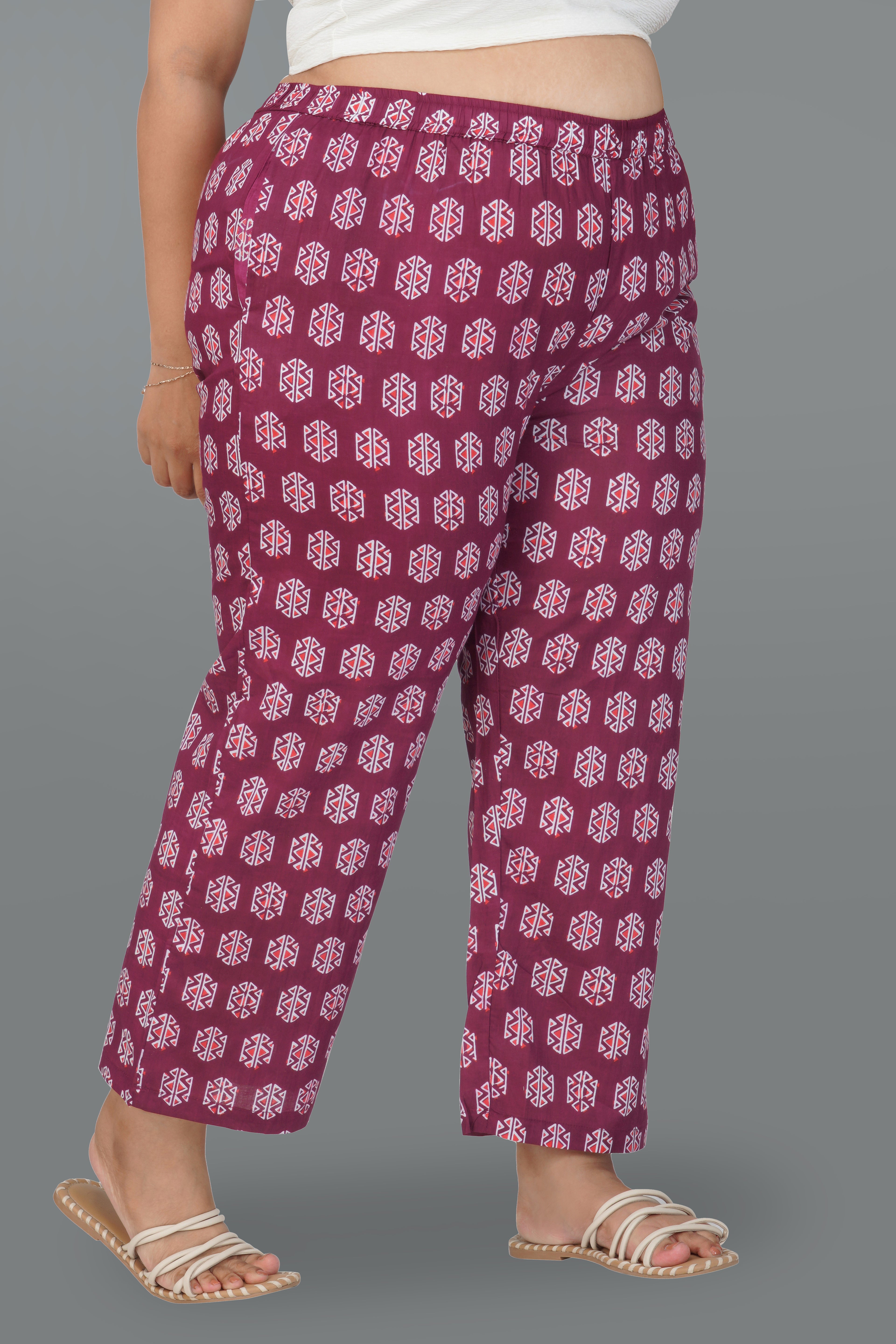 Burgundy Plus Size Cotton Printed Bottom