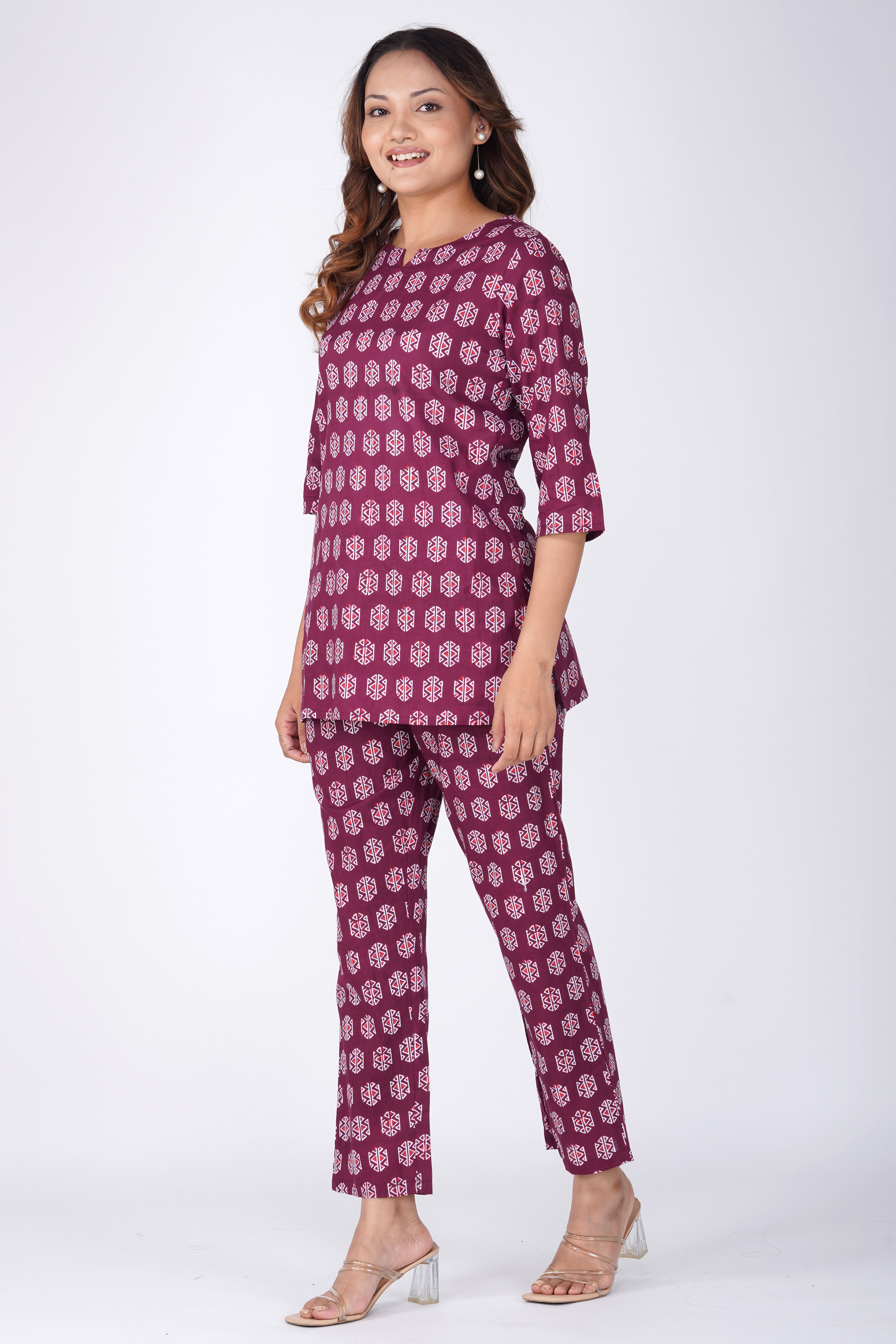 Burgundy Cotton Printed Pyjama Set