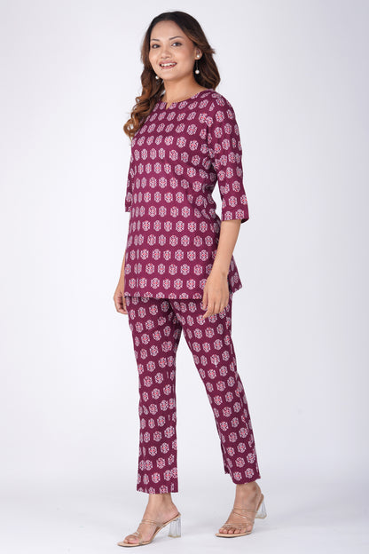 Burgundy Cotton Printed Pyjama Set