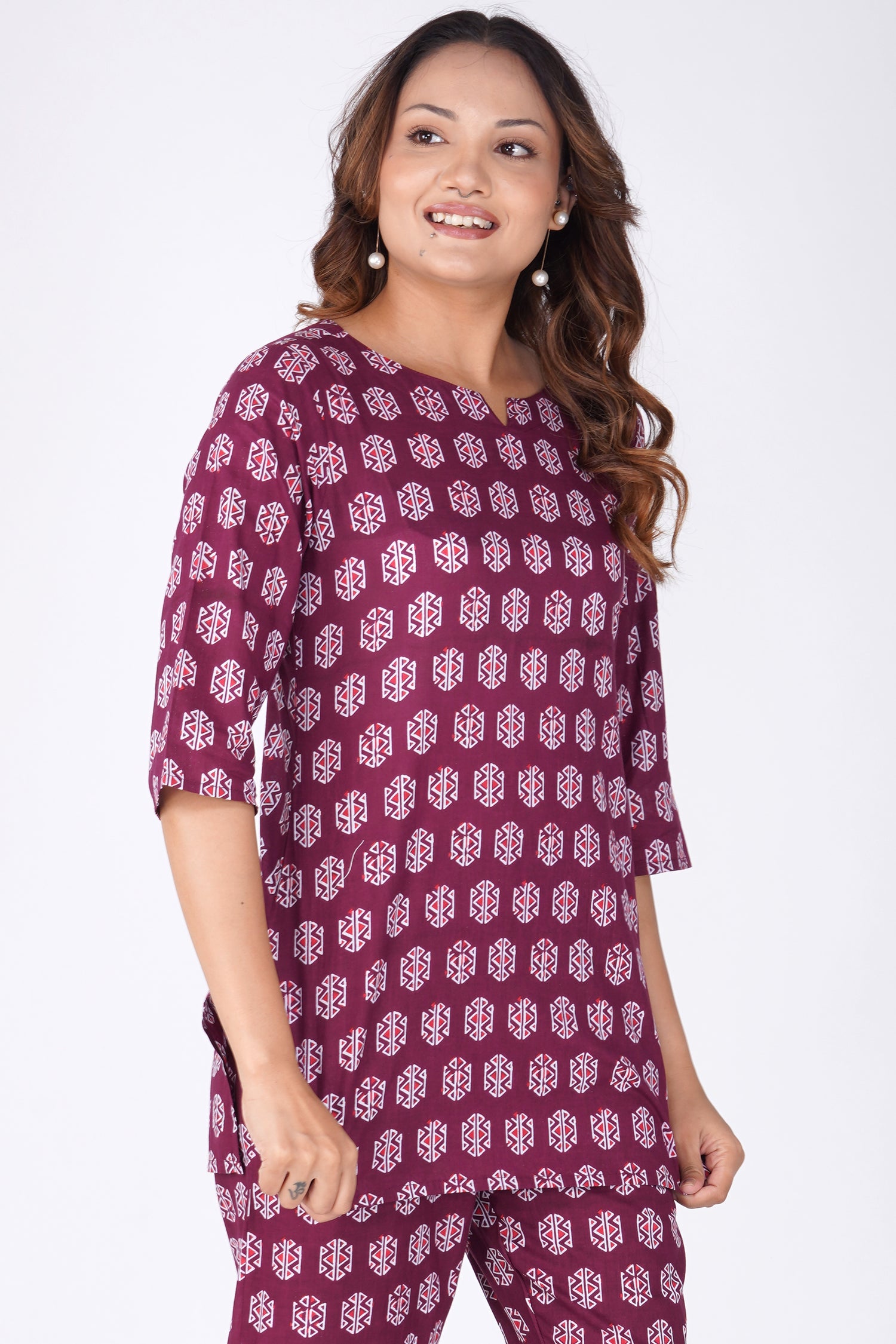 Burgundy Cotton Printed Pyjama Set
