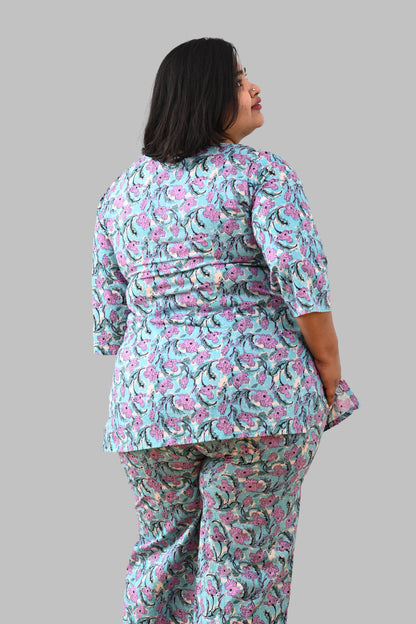 Baby Blue Plus Size Cotton Printed Pyjama Set