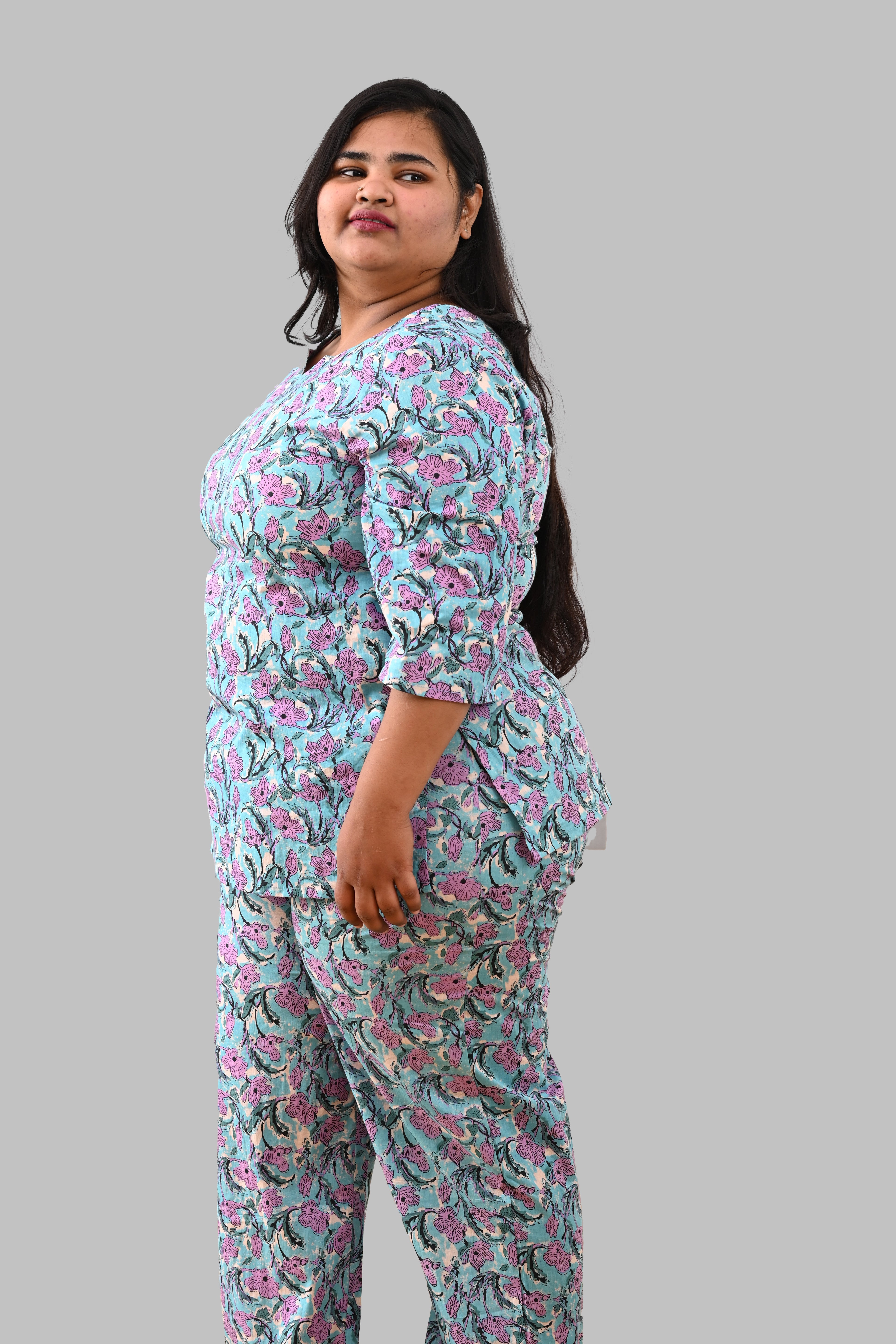 Baby Blue Plus Size Cotton Printed Pyjama Set