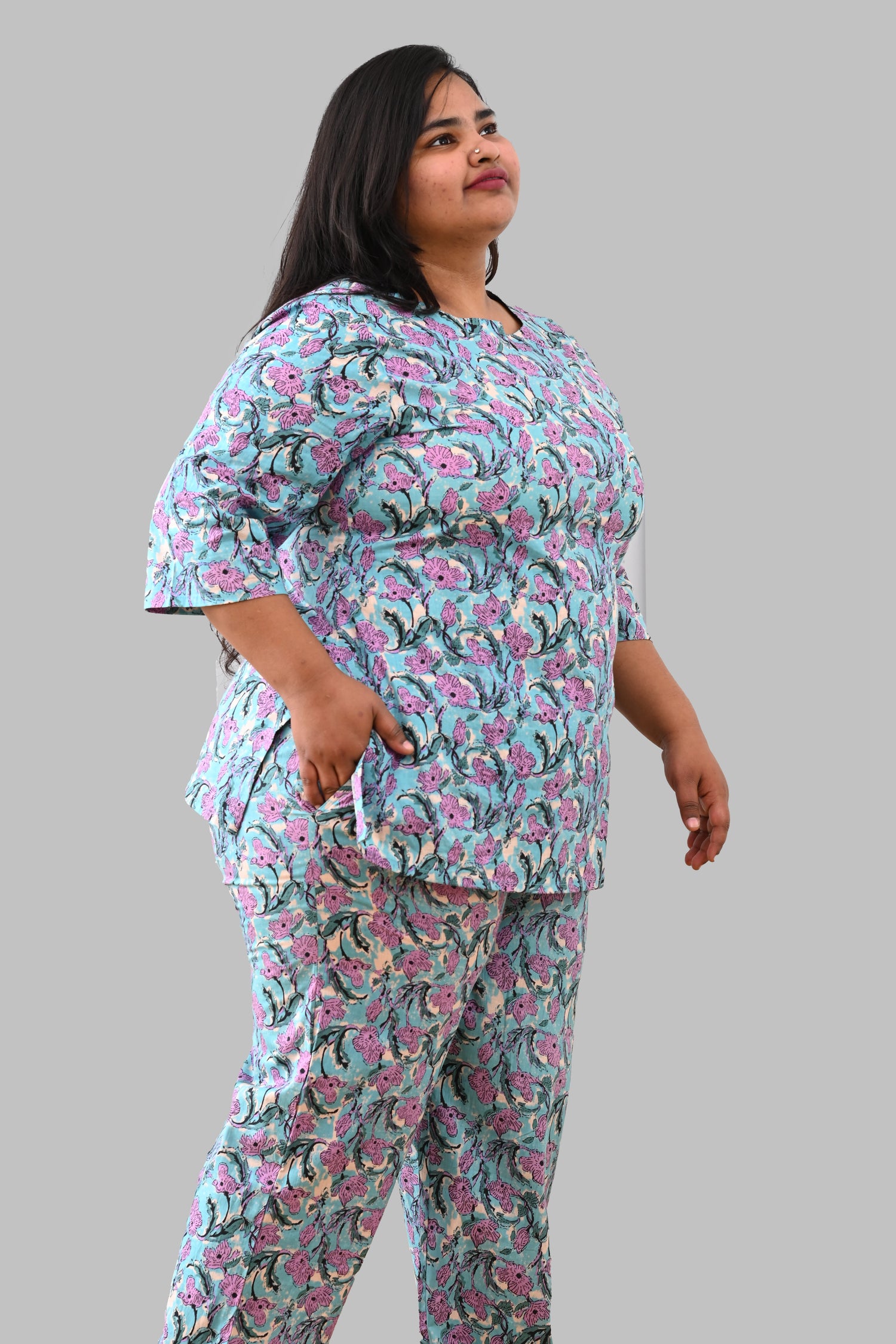 Baby Blue Plus Size Cotton Printed Pyjama Set