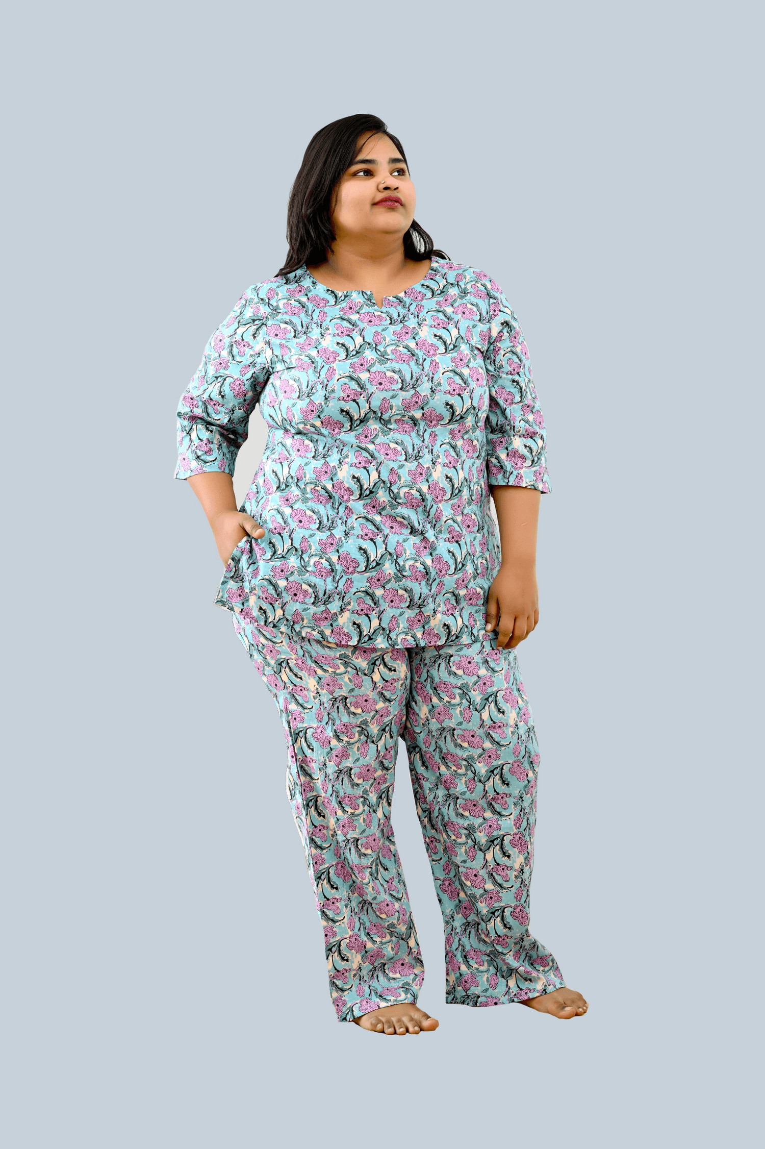 Baby Blue Plus Size Cotton Printed Pyjama Set