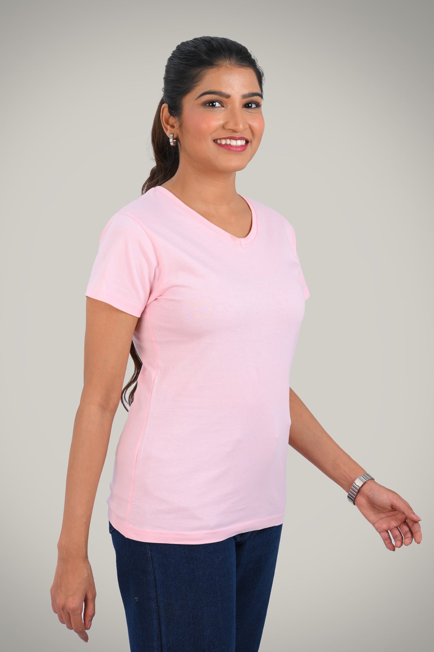 Baby Pink Cotton V Neck T-Shirt