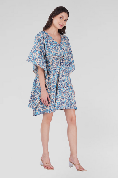 Baby Blue Cotton Printed Kaftan Top