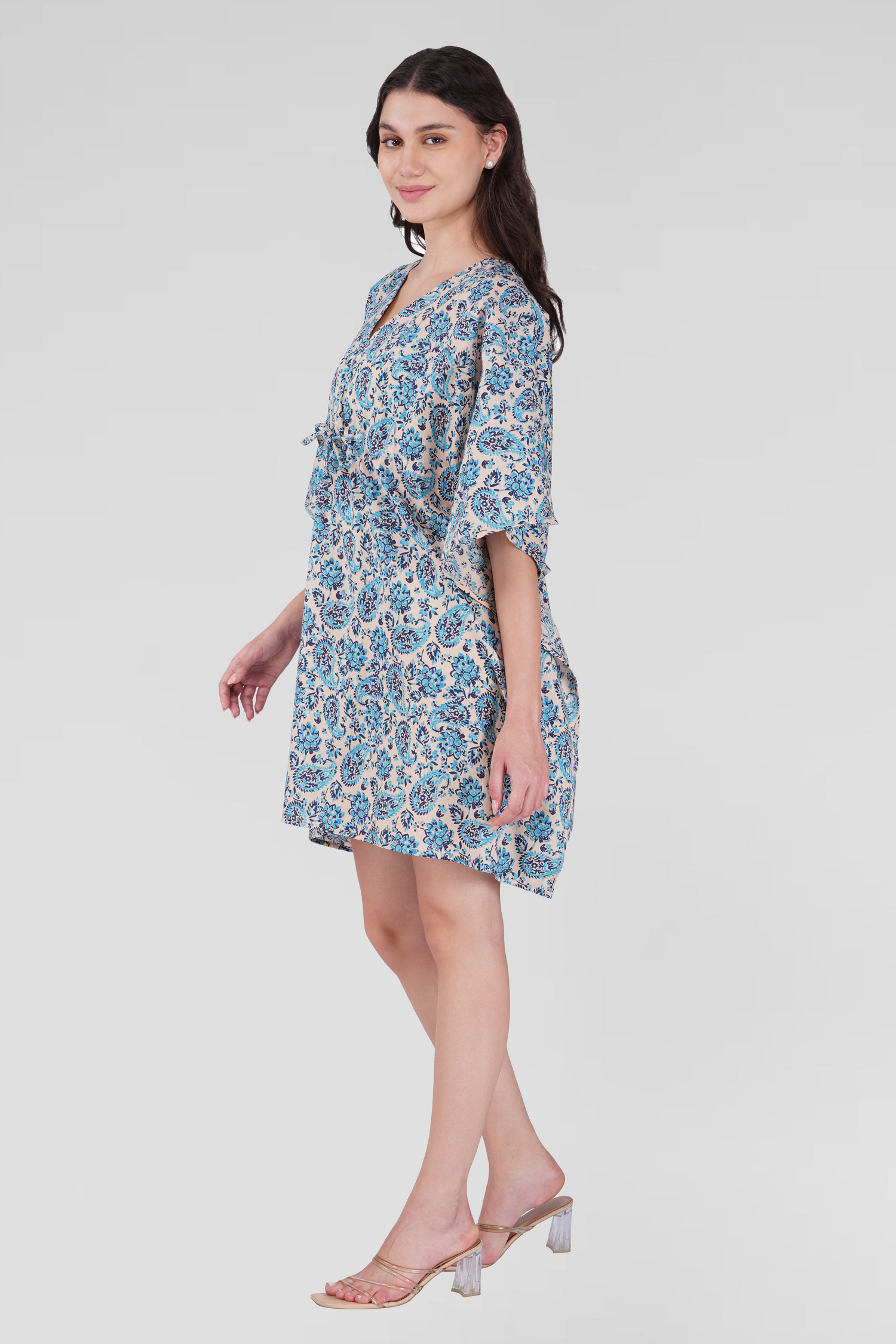 Baby Blue Cotton Printed Kaftan Top