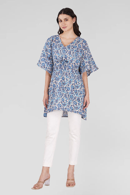 Baby Blue Cotton Printed Kaftan Top