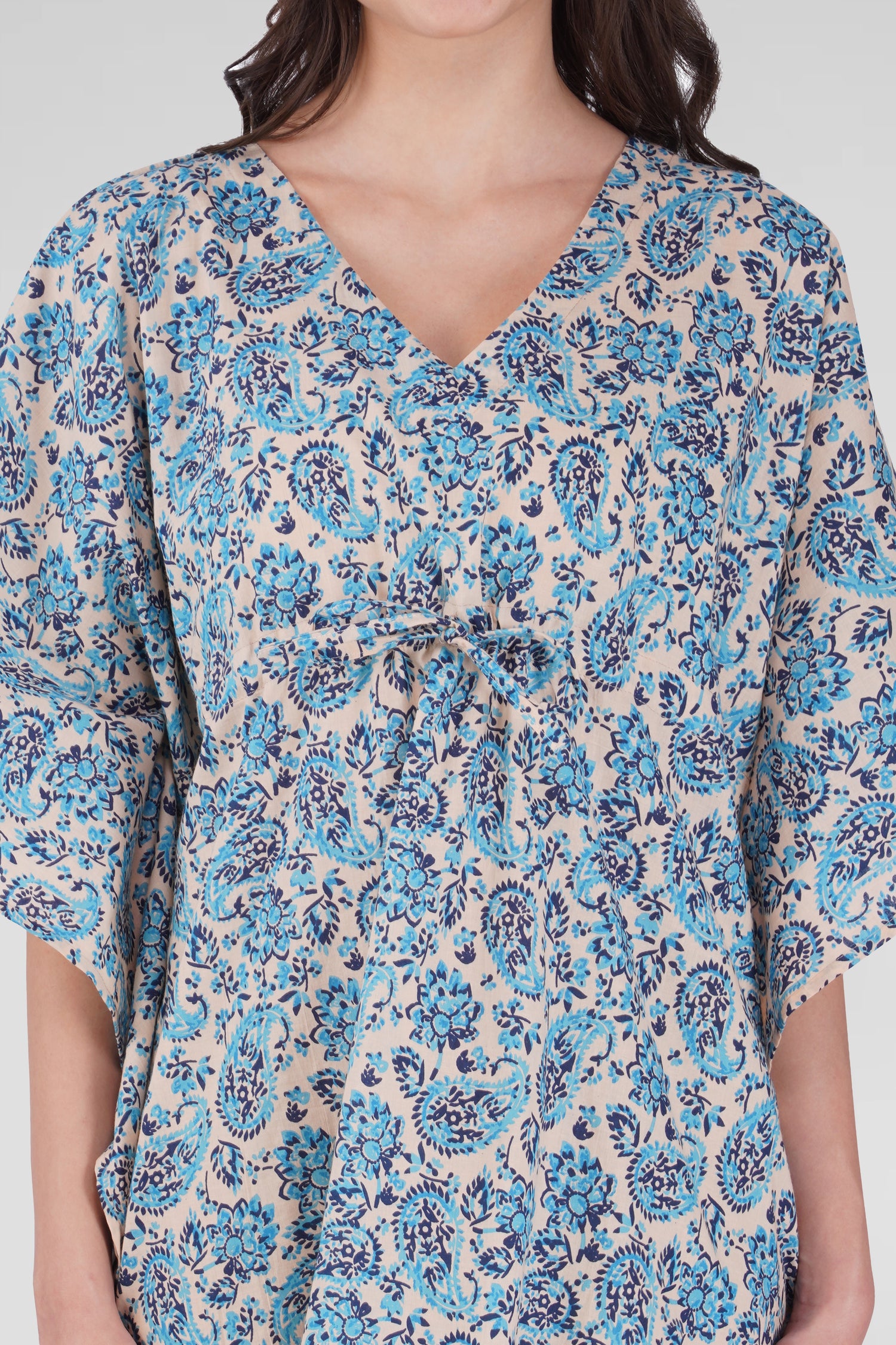 Baby Blue Cotton Printed Kaftan Top