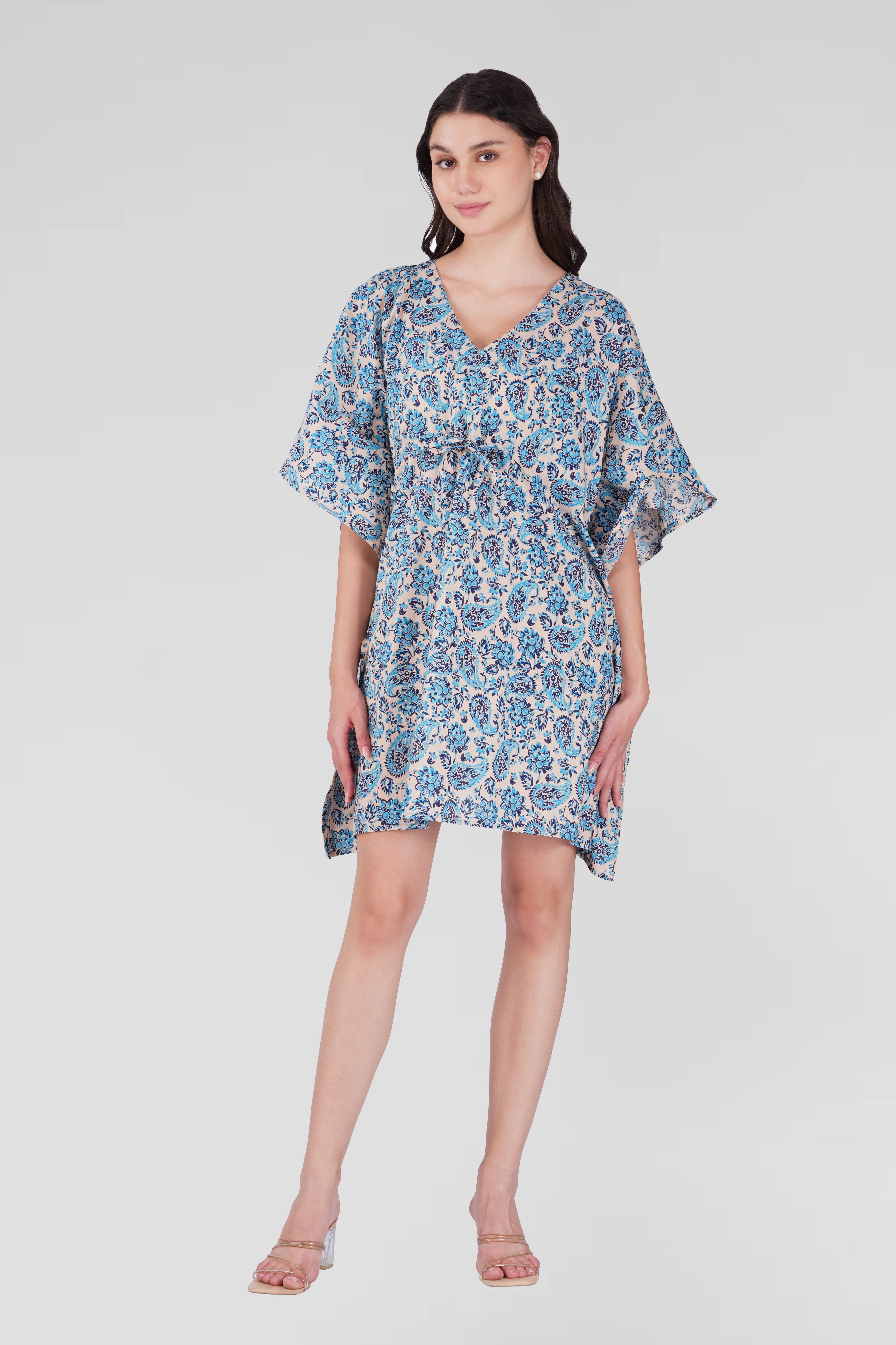 Baby Blue Cotton Printed Kaftan Top